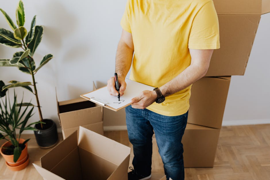 A person wearing a yellow t-shirt and blue jeans stands inside a room filled with packing and moving supplies. They are holding a clipboard in one hand and a black marker in the other, appearing to take notes or make a checklist. Surrounding them are several cardboard boxes, some open and others stacked, ready for packing and transportation. In the background, there are indoor plants with green and variegated leaves, positioned near a plain white wall and natural light illuminating the space. The person is currently engaged in planning or organizing belongings as part of a home relocation process. The scene captures the typical steps involved in packing, moving, and preparing items for transportation, consistent with services offered by Man with Van Church End in house removal and moving logistics.